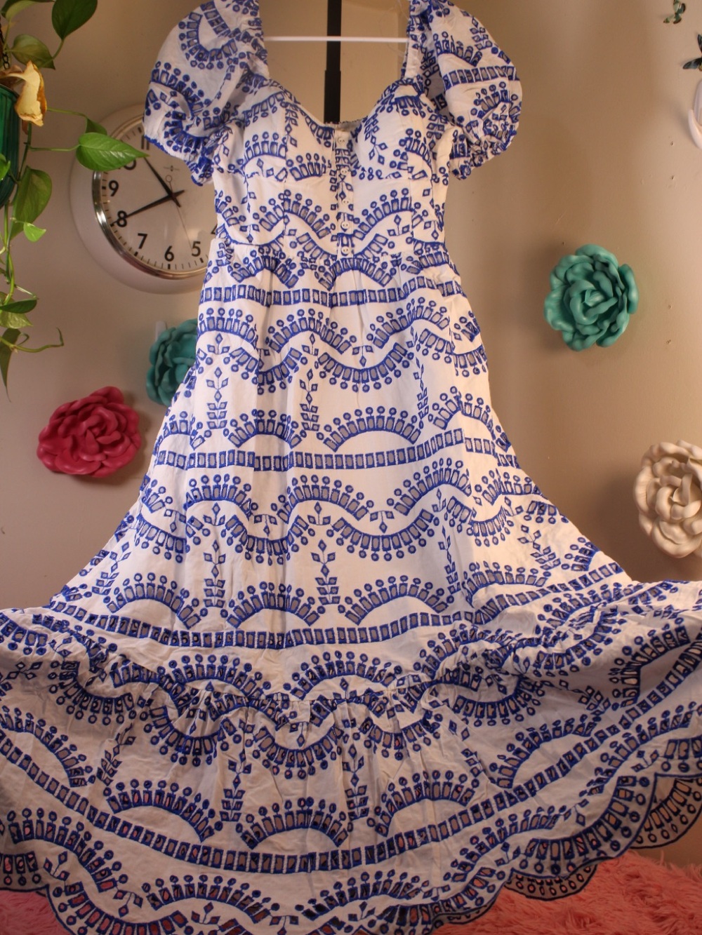 Mainstrip White & Blue Embroidered Puff Sleeve Midi Dress NWT